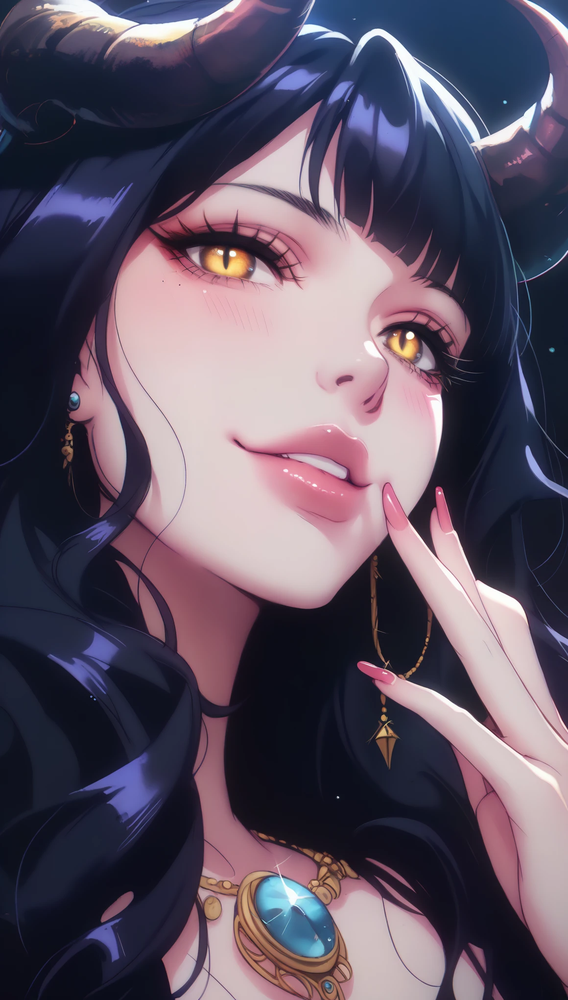 A demonic and seductive looking anime character, with black wings, long dark flowing hair, bright golden eyes, and curved horns like those of a ram. has pale skin, a mischievous smile and a playful and mysterious expression, holding a finger to his lips as if silencing someone. She wears a white dress with intricate detailing and gold accents, along with a blue gem on his chest. The scene is dramatically lit., with soft shadows that enhance her sharp features, as the background fades into darkness, adding an enigmatic and magical touch. The style is a mix of anime fantasy with intricate details, Capturing an intense portrait, close and dynamic