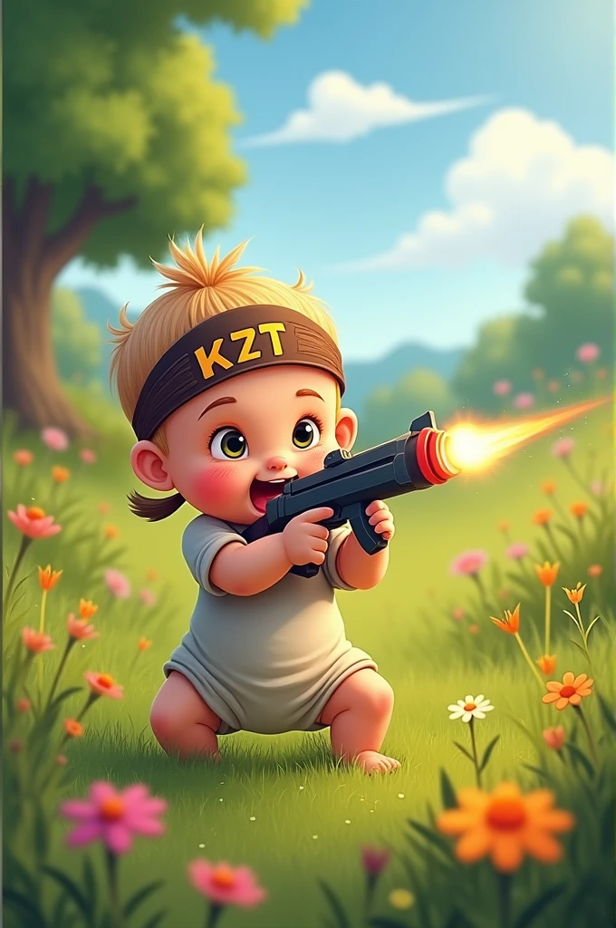 A cute baby is fighting in the meadow with a gun and a headband that says KZT