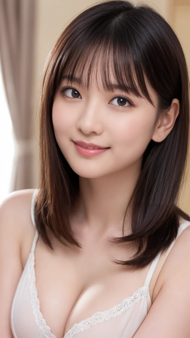 Naruse is going to take over the world、（masterpiece）、(Highest quality:1.5)、(Photorealistic:1.2)、(Surreal), (High resolution), (Realistic), (Post-processing),(Sharp focus), Sharp focus:1.2,Backlight, (Improvement of quality:1.4), (Narrow waist)、((Perfectly detailed five-fingered hands)),（Anatomically correct body）、((1 female:1.4))、Japanese、Realistic Skin、（Small chest：1.4）、Bust size is A cup、A pretty woman with a slender figure:1.4,(from the front:1.5), (Enhances the beauty of skin texture:1.1),No makeup、美しいBlack Hair、smile、Natural color lip、(Small Mouth:1.4)、The mouth is not open、Thick lips、(Oval Face)、Even bangs、Hide eyebrows with bangs、((3 woman))、Bob Hair、Hair blowing in the wind, (Black Hair, Iris, Watery eyes, Shining Eyes, Bob cut hair,), Hair behind the ear、No makeup、(Drooping eyes)、(((One lovely woman)),((優しい大きなsmile)),(( Small breasts,Small breastsの谷間)),((((Plump Cheeks)))),very cute,(Baby Face),Raccoon face,