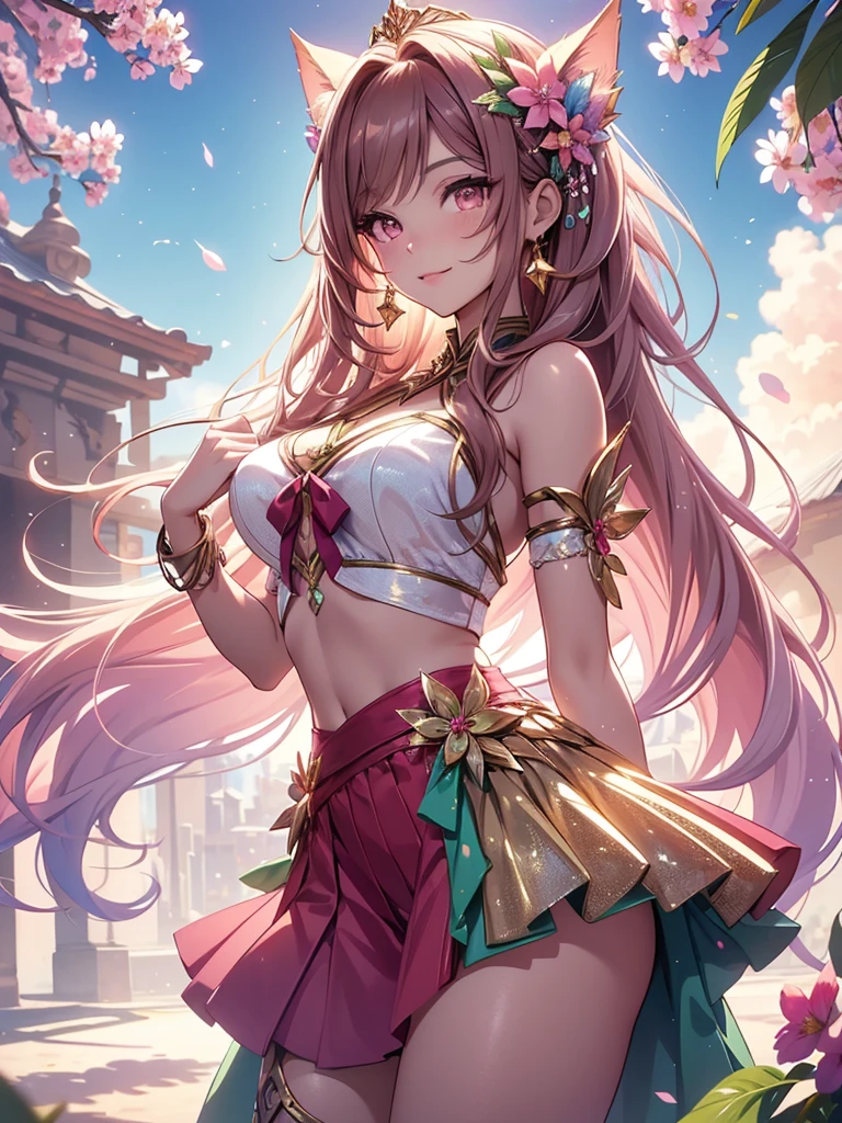 (best quality,4k,8k,highres,masterpiece:1.2),ultra-detailed,(realistic,photorealistic,photo-realistic:1.37),acrylic painting,beautiful Brazilian model in a genshin pink outfit with downy hair,beautiful Brazilian model with extremely colorful brown hair and detailed facial features,beautiful Brazilian model standing in a beautiful garden surrounded by a starry sky,brown hair,beautiful Brazilian model wearing a vibrant pink gold and teal genshin outfit,beautiful Brazilian model with intricate accessories,cat ears, ,beautiful Brazilian model with long flowing twintails,beautiful Brazilian model with bright brown eyes and rosy lips,beautiful Brazilian model with a joyful expression,beautiful Brazilian model in a dynamic pose with cherry blossoms falling around her,beautiful Brazilian model surrounded by colorful flowers and butterflies,beautiful Brazilian model's school uniform outfit adorned with cute bows and lace details red and gold,beautiful Brazilian model with an enchanting smile,beautiful Brazilian model with soft, pastel-colored shading,beautiful Brazilian model with a magical glow illuminating her,beautiful Brazilian model in a picturesque setting with a winding path leading to a magnificent castle,beautiful Brazilian model with a fairytale-like background,beautiful Brazilian model with a soft, dreamy atmosphere,beautiful Brazilian model with a subtle bokeh effect,beautiful Brazilian model standing under a sunny sky,beautiful Brazilian model with a warm, golden sunset in the background,beautiful Brazilian model surrounded by twinkling stars and colorful nebulae,creating an ethereal and captivating artistic masterpiece, facing camera, uniform outfit genshin, up close, face only.