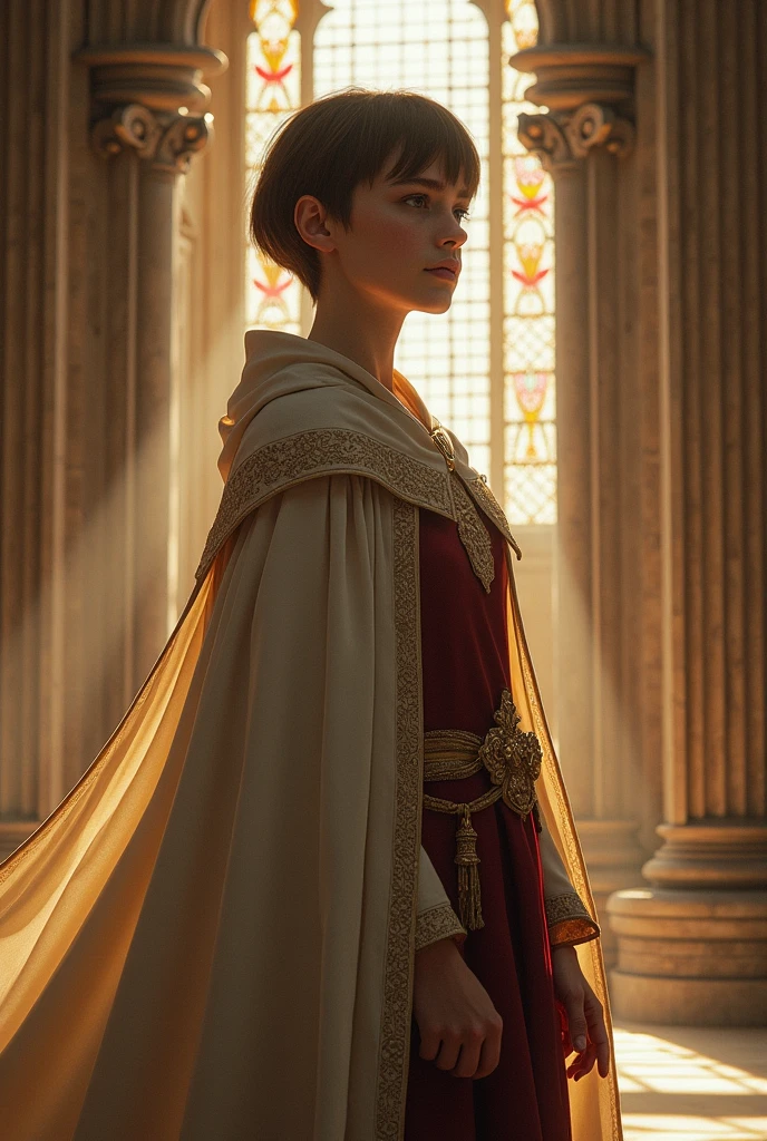 1girl, cleric, short hair, medieval fantasy art, cinematic lighting, intricate details, warm color palette