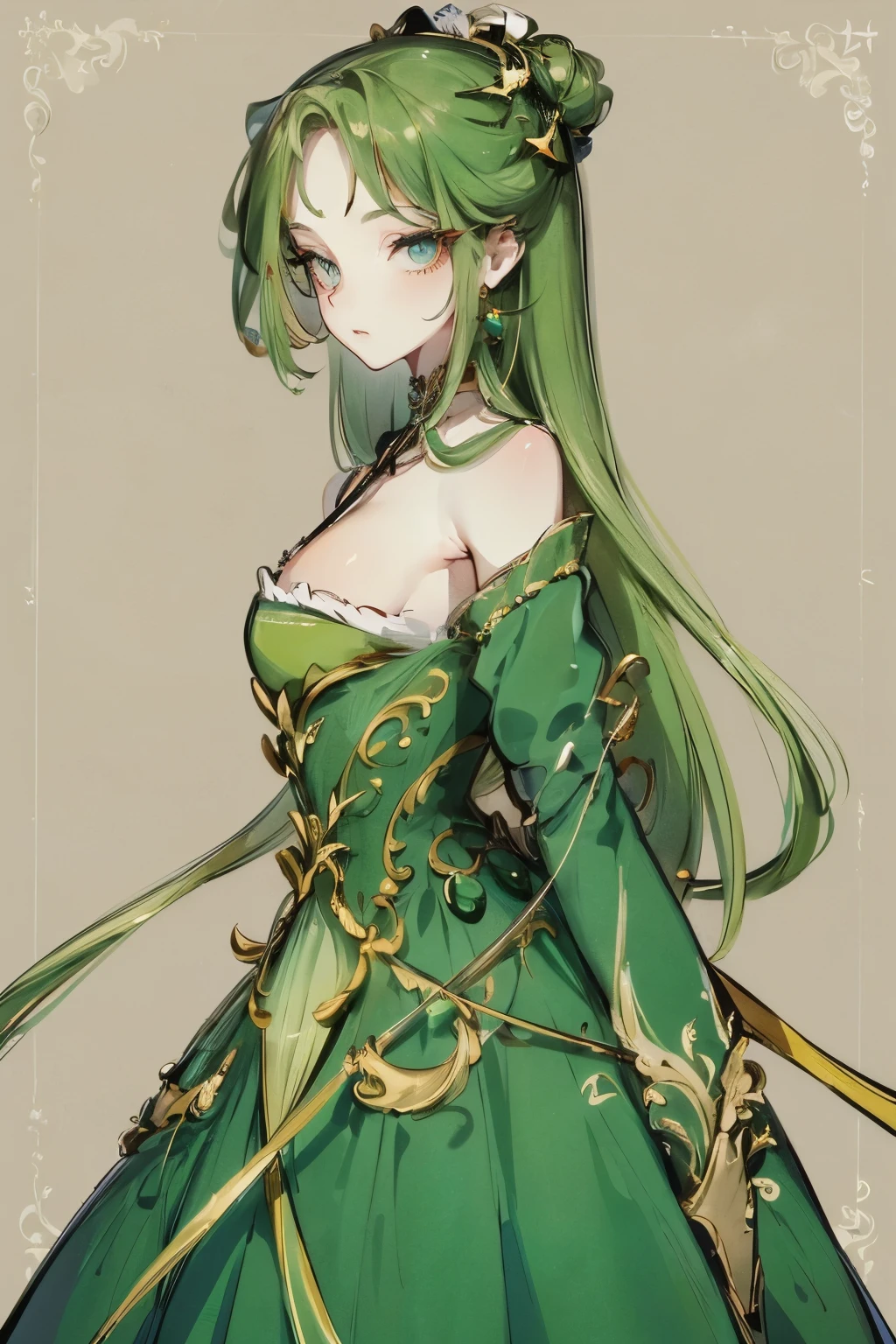 (masterpiece, best quality:1.2), 1 Girl, Solitary, Skin details, Beautiful facial features, Exquisite makeup, Green clothes, Exquisite eyes, Eye details, Hairpin, Hair, Shimmer