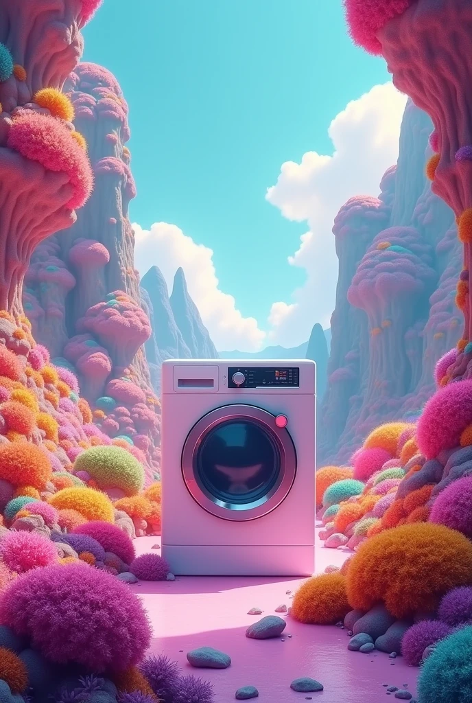 a very colorful land with a washing machine in the middle