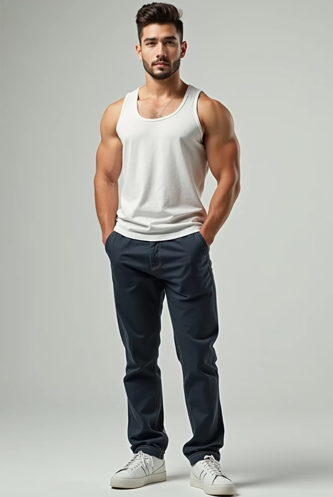 Create a full-body portrait of a 2 Korean man with an American hairstyle, featuring brown hair and brown eyes, and a well-groomed beard. He should have a fit physique with visible abs, and be posed confidently yet relaxed. His expression should be youthful and engaging, highlighting his handsome features. Use a clean, neutral background to keep the focus on him.”






