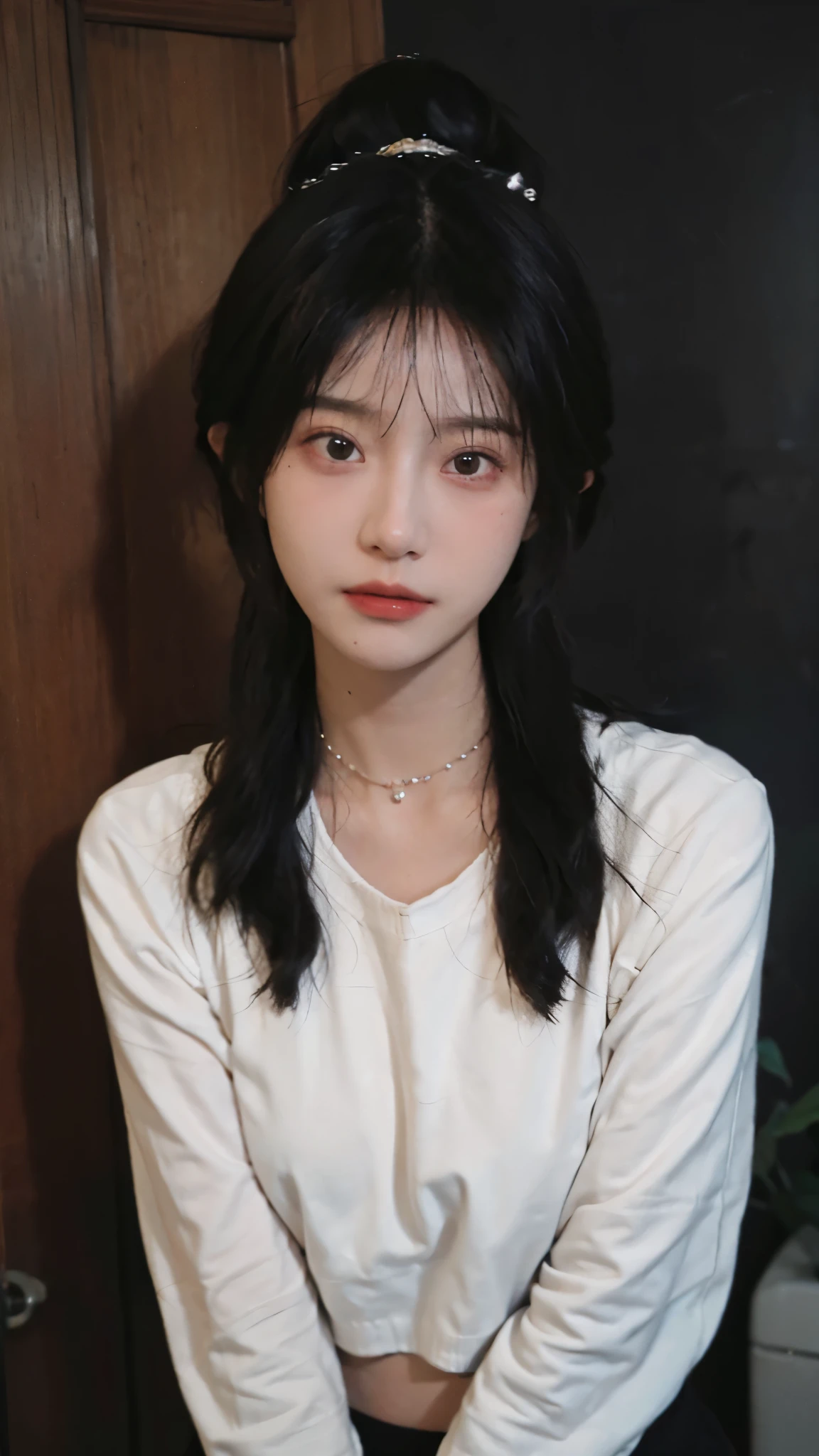 best qualtiy, Ultra-high resolution, (realisticlying:1.4),cute hairpin,1girll,,Cropped black sweater ,Full of atmosphere,Beautiful woman with a slim figure:1.4, abs:1.1, bathroom,Ultra-fine face,Elaborate Eyes,double eyelid,choker necklace