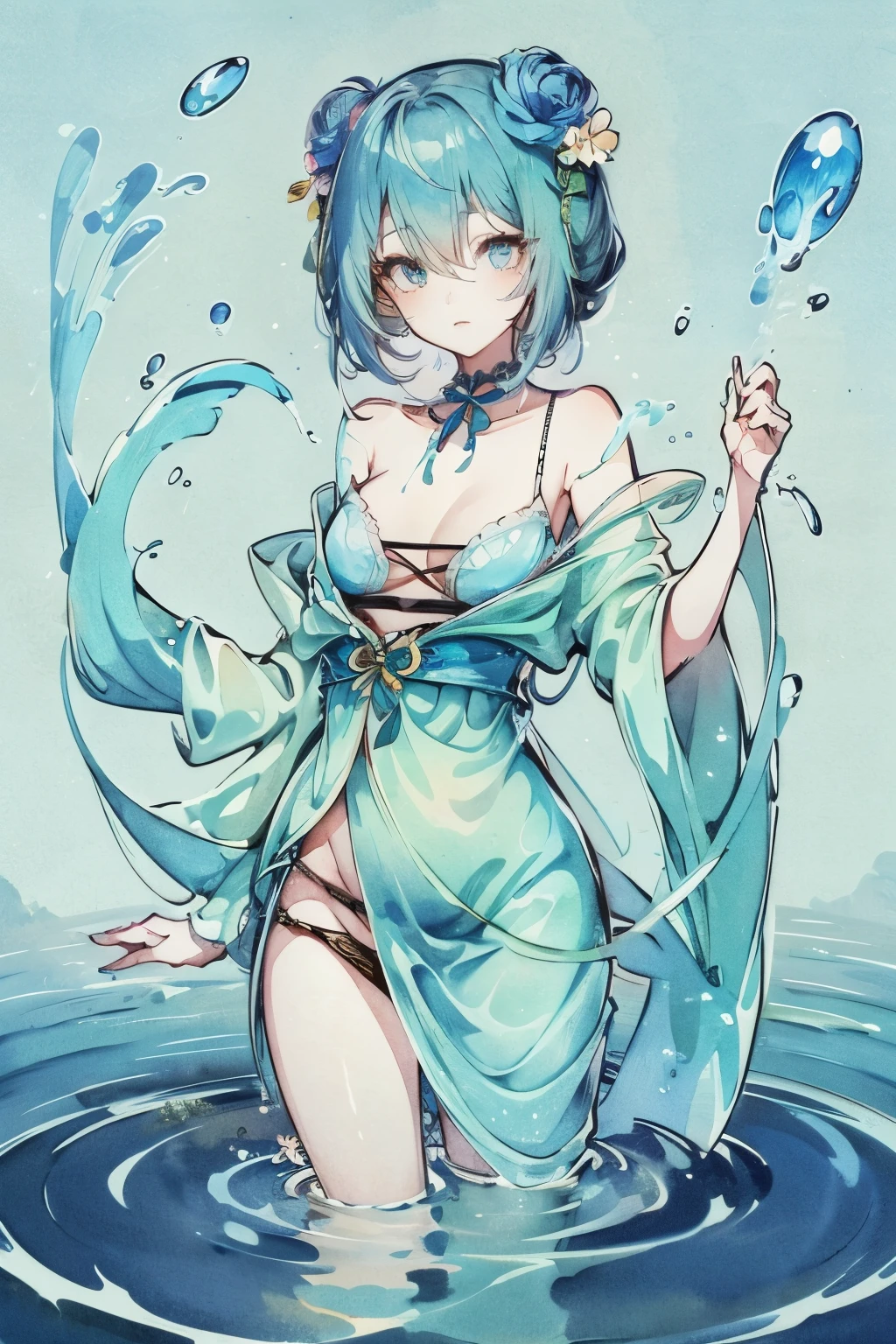 1 Girl, female water spirit, watercolor hair, There is spring water inside, Put a few drops of water on your skin,