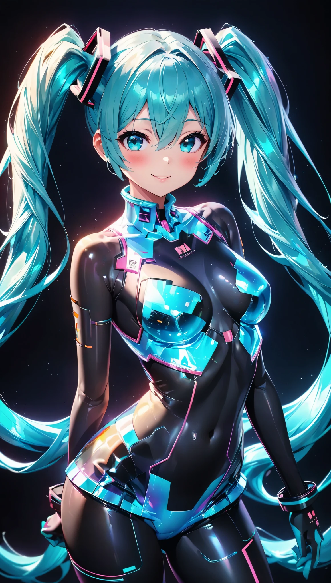 holography, Draw in neon colors, Beautiful holographic_Cyber Girl, Neon Hologram Suit, Shiny cyberpunk futuristic outfit, ((hatsune miku, Aqua Eye, Aqua Hair, bangs, whole body, Hair between the eyes, Long Hair, Twin tails, very Long Hair)), Slim figure:1.4, Beautiful Eyes, Glossy Lips, Glowing Skin, Detailed skin texture, ((smile, blush, Bust Shot:1.4)), Multi-colored holographic pattern, Dynamic pose, Dramatic lighting, Cinematic composition, Intricate details, (Highest quality:1.2, Very detailed, anime, Attention to detail, Ultra-high resolution, High Contrast, masterpiece:1.2, Highest quality, Best aesthetics),