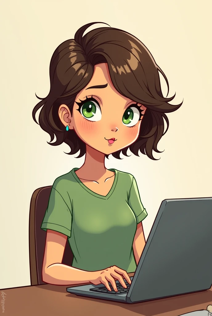 art mignon, art simple , femme, yeux vert, cheveux brun très court a la garçonne, un ordinateur sur un bureau, dessin