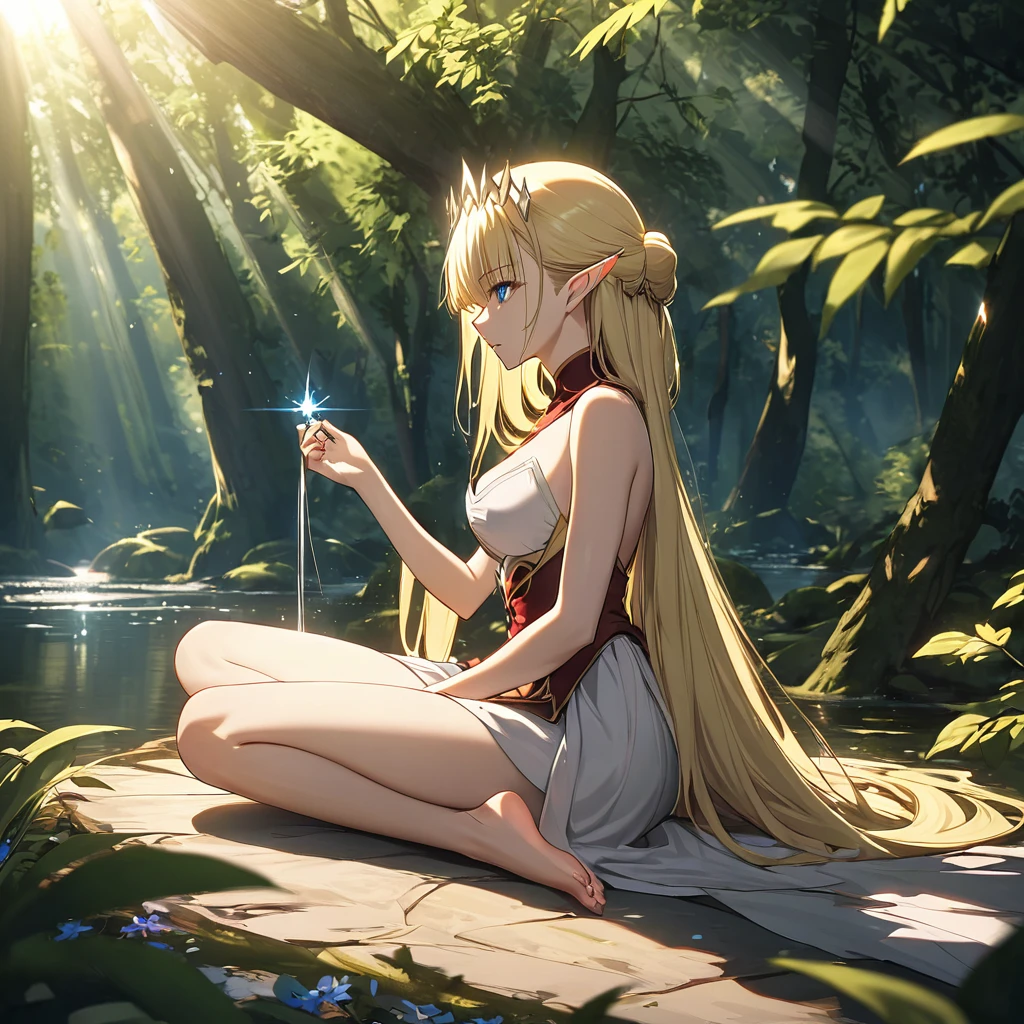 Seras、One of the Elves, Blonde, Long Hair, blue eyes, Forest Lake、Her hair shimmers in the sunlight, creating a magical atmosphere、Forest Lakeの中の岩の上、sit、barefoot、break masterpiece、Beautiful attention to detail:1.2, Perfect lighting, (perfect hand, perfect anatomy)