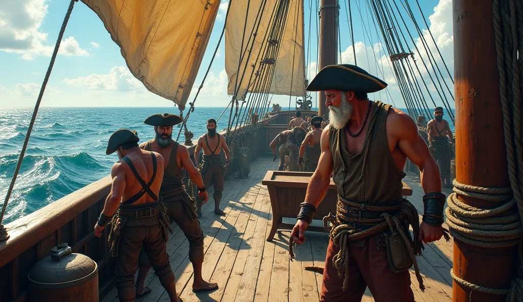 hard manual labor on the deck of the pirate ship, pulling ropes, climbing the rigging, scrubbing the deck, high seas, sunny day.