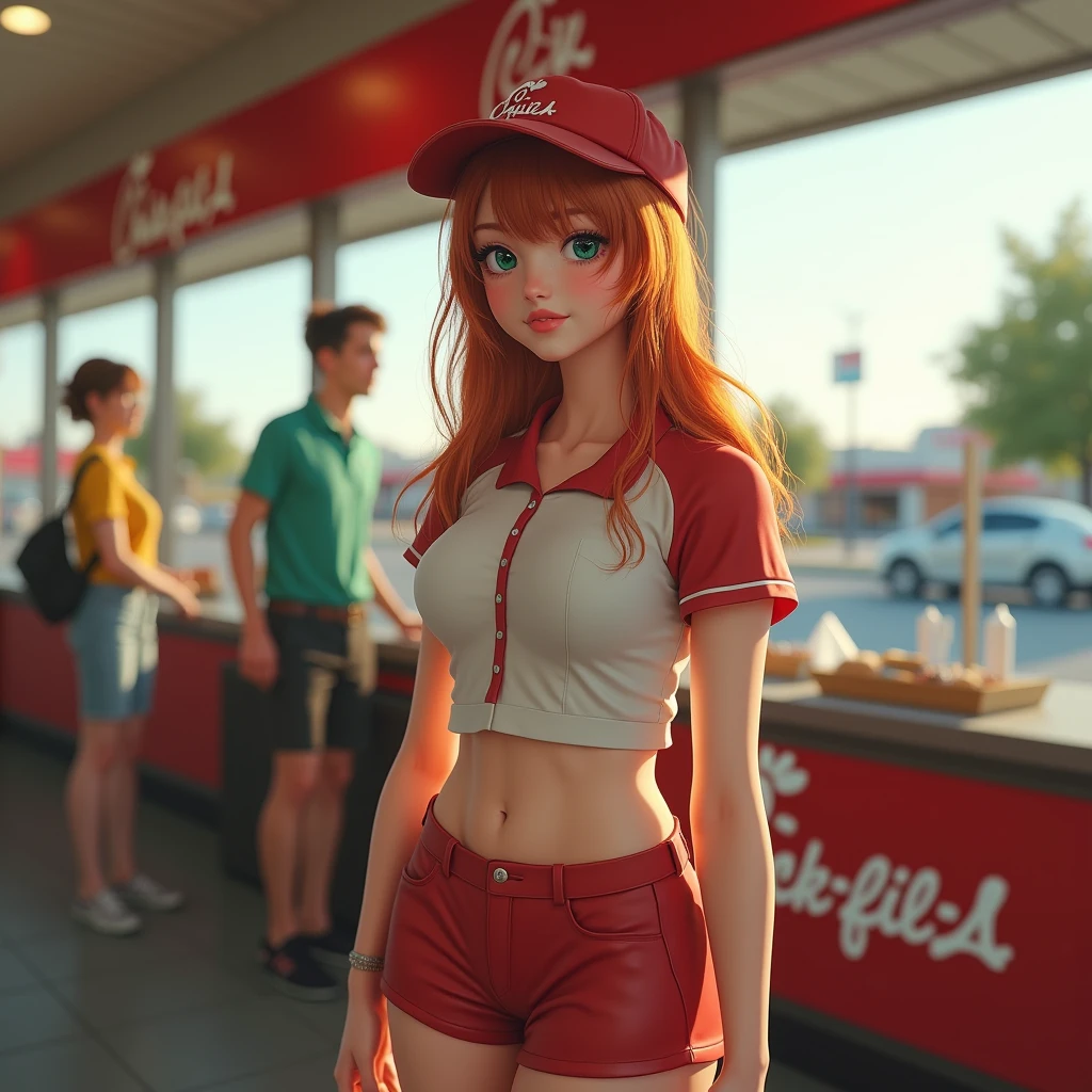 1girl, unbelievably stunning, yo, (slender petit frame:1.2), (large naturally sagging breasts:1.2), braless, cleavage, beautiful detailed green eyes, redhead, (cute:1.1), very pale skin, (adorable:1.1), taking viewer's order in the drive thru car line while (standing outside the restaurant:1.3), Chick-Fil-A, cute uniform with short shorts and Henley shirt and (visor:1.1), (best quality,4k,8k,highres,masterpiece:1.4),ultra-detailed,(realistic,photorealistic,photo-realistic:1.34),HDR,studio lighting,vivid colors,bokeh,(girl's emotions: bashful, coy, demure, coquettish, kittenish,awkward),(viewer's emotions: aroused, attracted, lust, infatuation, fascination, seduced), viewer pulled into line to order and noticed her instantly falling in love