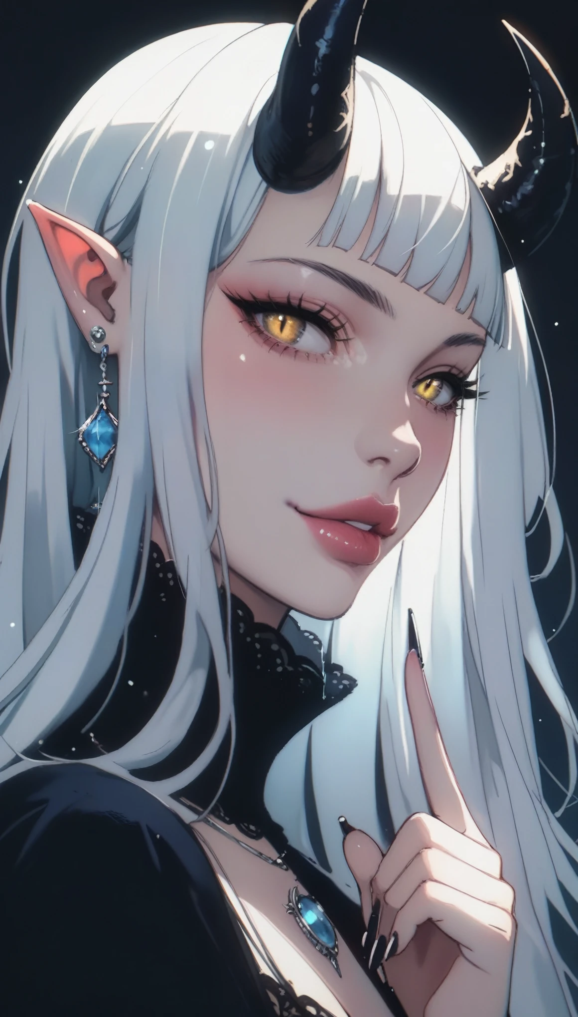 A demonic and seductive looking anime character, with black wings, long dark flowing hair, bright golden eyes, and curved horns like those of a ram. has pale skin, a mischievous smile and a playful and mysterious expression, holding a finger to his lips as if silencing someone. She wears a white dress with intricate detailing and gold accents, along with a blue gem on his chest. The scene is dramatically lit., with soft shadows that enhance her sharp features, as the background fades into darkness, adding an enigmatic and magical touch. The style is a mix of anime fantasy with intricate details, Capturing an intense portrait, close and dynamic