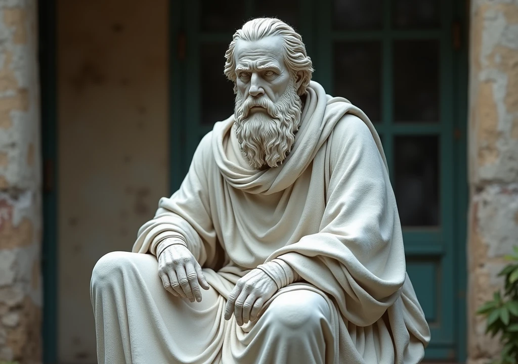 stoicism, motivation, stoic marble statue, calm, sitting, robe, long beard, aged, full body, hyper-realistic, 8k, incredible, beautiful, frightening, old home background
