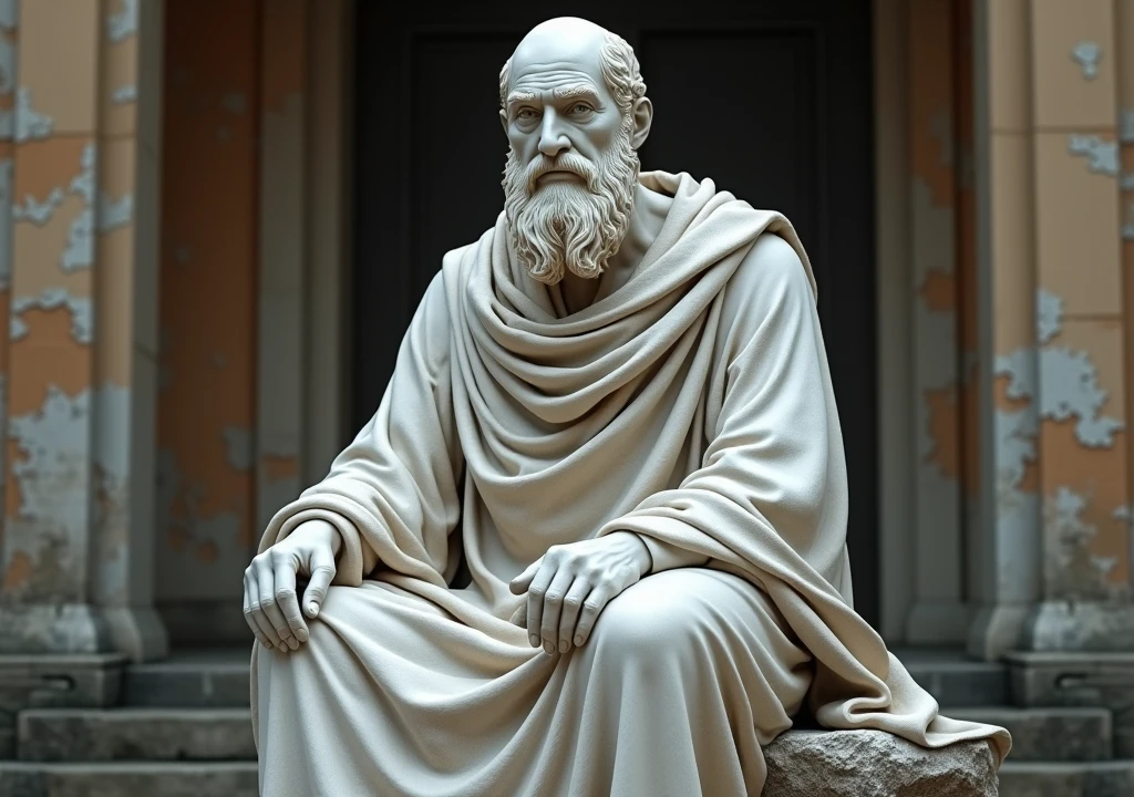 stoicism, motivation, stoic marble statue, calm, sitting, robe, long beard, aged, full body, hyper-realistic, 8k, incredible, beautiful, frightening, old home background
