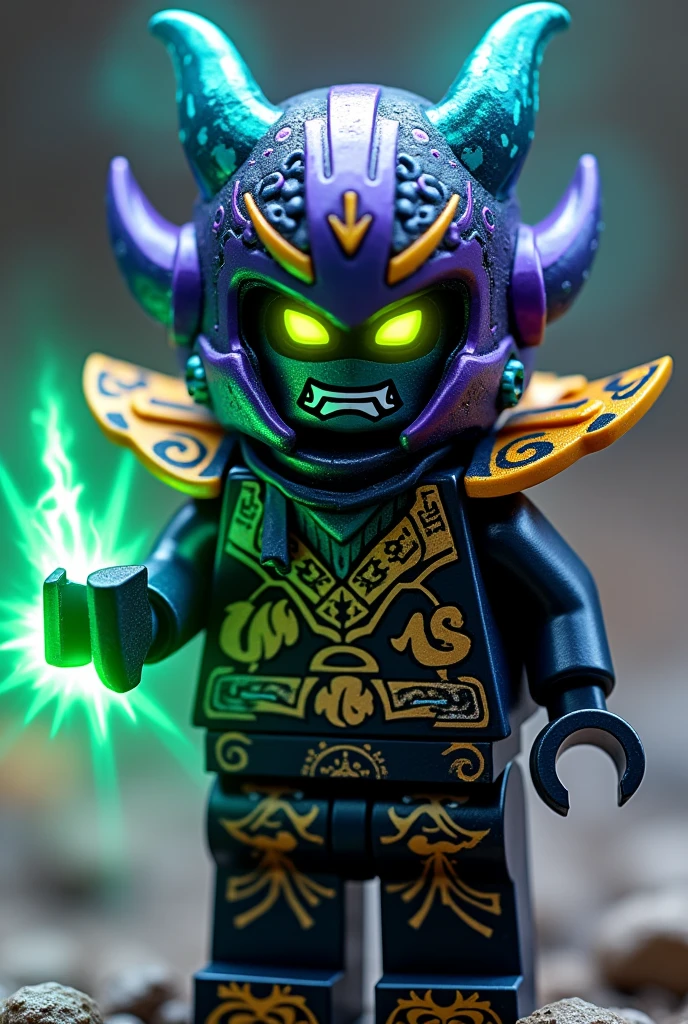 Créer moi un lego ninja go futuriste a moitié oni et ninja maléfique avec un masque de oni veangeance et destructeur de couleur violet, bleu et noir sur la tête avec une peau NOIR et dans le visage il faut des traces d’électricité jaune et bleu foncé et un regard terrible sombre avec des yeux en vert clair brillant avec une puissance incroyable avec comme puissance élémentaire l’électrique, l’énergie, la terre, le feu, la glace. Les habits du ninja doit être en noir anthracite bleu et or et fer anthracite avec des reure en forme d’électricité jaune brillant et vert clair et des écritures japonaise sacré en or. Un ninja imbattable monstrueux beaucoup trop puissant qui contrôle tout les pouvoirs élémentaire. Le ninja oni doit être destructeur et exceptionnel 