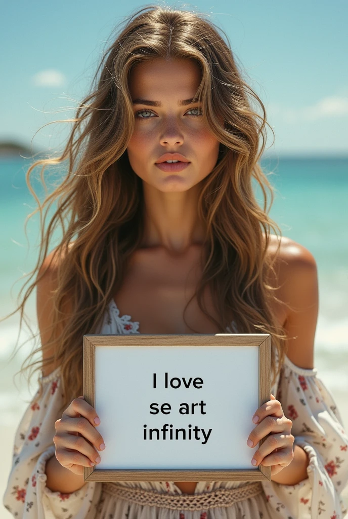 Beautiful girl with wavy long hair, bohemian dress, holding a white board with text "I Love Seaart Infinity" and showing it to the viewer