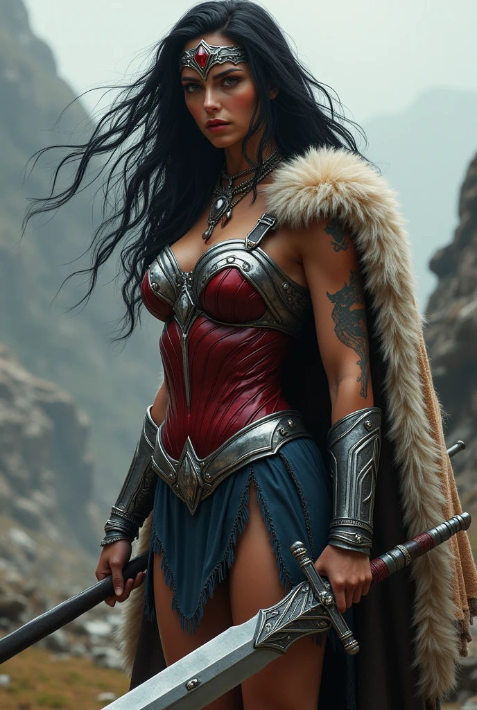 (((Black legis una hermosa mujer de cabello alborotado por el viento negro largo bajo el manto de la guerrera amazona Wonder Woman((((((Black legis)))))),(((Red corset with a wide silver metal eagle covering her breasts as an emblem))),(((Dark silver metal bracelets))),(((Sheepskin boots up to the knees with sheepskin trim)),(((Sheepskin on his shoulders))),(((Tattoos on one of her arms and a wide silver metal headband with a red star ruby on her forehead)))Giant Viking style sword in his hand))),(((Wonder Woman Vikingo))),(((Black legis))),((((((Red boots in sheepskin with beige trim)))))),((((((Black legis)))))),((((((((Black legis )))))))),(((((Sheepskin boots)))))