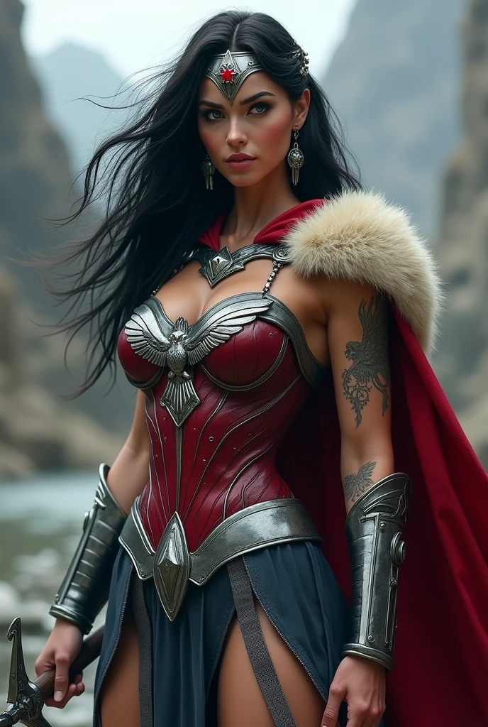 (((Black legis una hermosa mujer de cabello alborotado por el viento negro largo bajo el manto de la guerrera amazona Wonder Woman((((((Black legis)))))),(((Red corset with a wide silver metal eagle covering her breasts as an emblem))),(((Dark silver metal bracelets))),(((Sheepskin boots up to the knees with sheepskin trim)),(((Sheepskin on his shoulders))),(((Tattoos on one of her arms and a wide silver metal headband with a red star ruby on her forehead)))Giant Viking style sword in his hand))),(((Wonder Woman Vikingo))),(((Black legis))),((((((Red boots in sheepskin with beige trim)))))),((((((Black legis)))))),((((((((Black legis )))))))),(((((Sheepskin boots)))))
