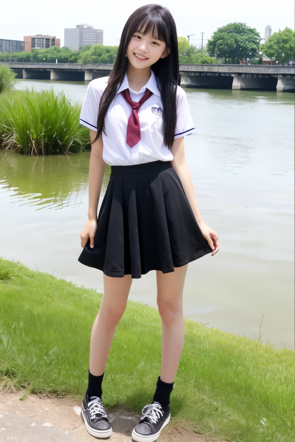 Standing alone by a deserted river、High school girls、Summer clothes、Long black hair、Cute Face、miling、Full body portrait