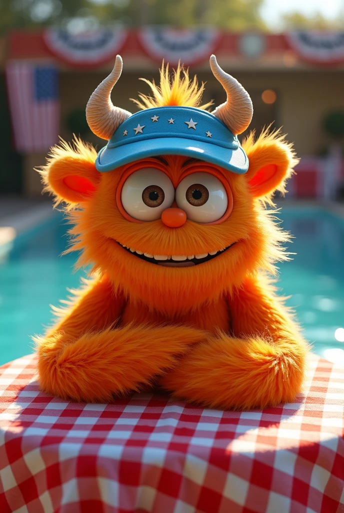 A close-up portrait of a friendly, furry orange monster with big, expressive eyes. It's wearing a blue visor with horns sticking out. The monster is leaning on a table with a red and white checkered tablecloth. In the background, there's a pool and festive decorations with American flags.