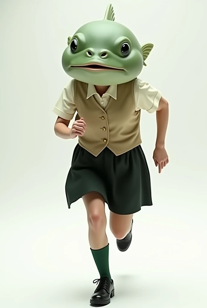 ((Highest quality)), ((photorealistic, hyperrealistic photo, portrait)), (front), (smile:1.6), (The upper half of the pufferfish is green.), (Short sleeves), ((No hair)), (The Kusafugu has 20% of the facial features of a human female.), A pufferfish with a very realistic head, A woman with a human body, オフホワイトで襟付きのShort sleevesシャツに薄茶色のベストを着てひざ丈の黒いスカートに濃い緑色の短い靴下と黒の靴を履いてる, Running at full speed, Background is white, Photorealistic images,