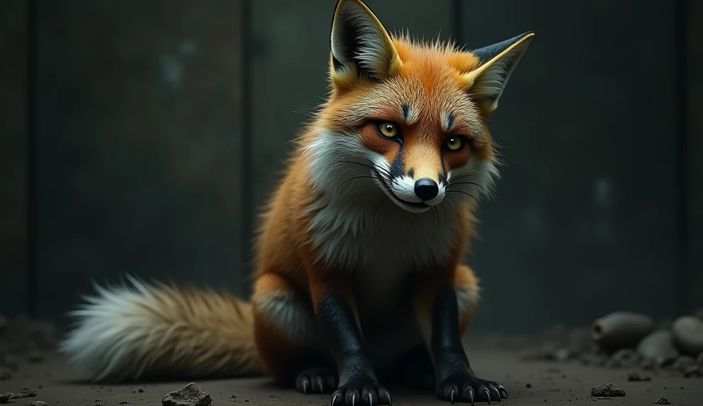 There is a shadow、Horror、Photorealistic、Ultra HD、The fox&#39;s body is very dirty、The fox has a sad look、Tears are coming out of the fox&#39;s eyes、Front view