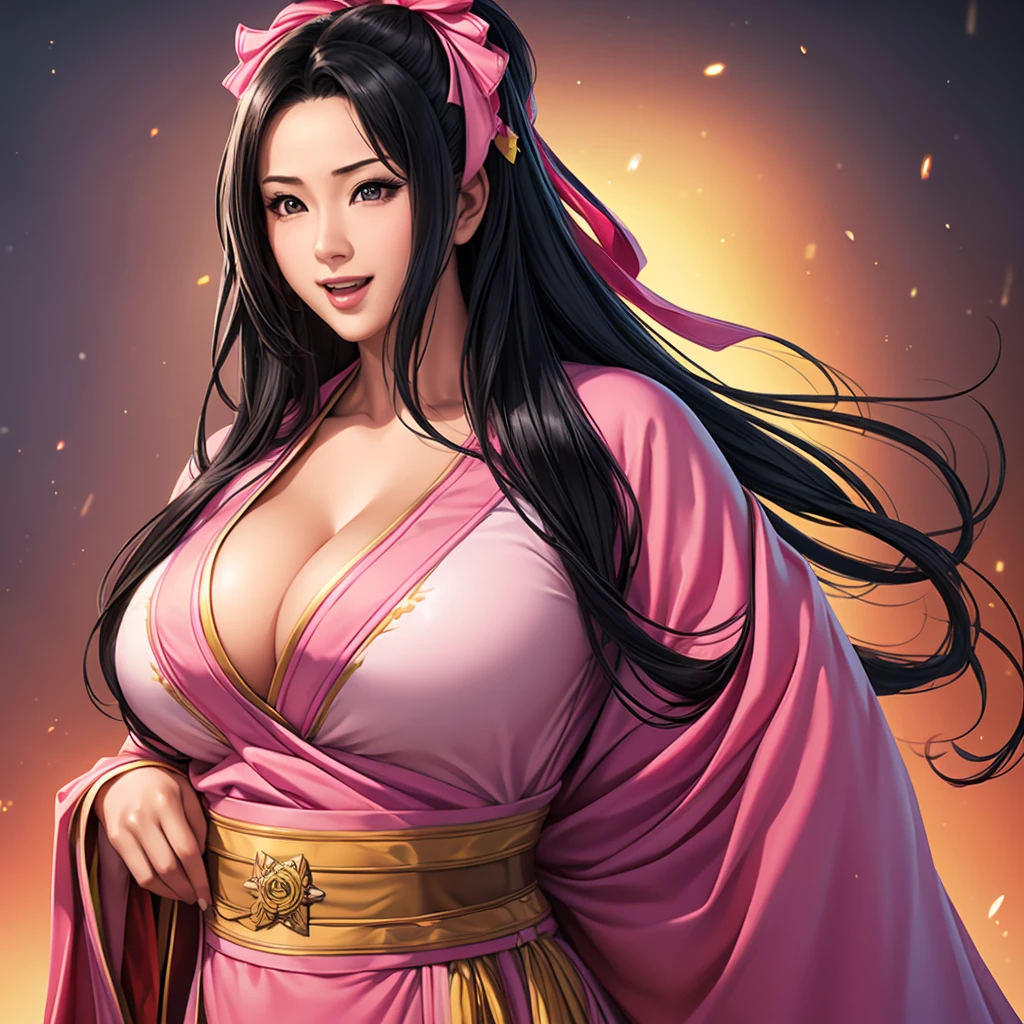 masterpiece, (Reality:1.5), Realistic eyes, Asian woman, best quality, Beautiful Lights, Professional lighting, Photon Mapping, Radiosity, Physically Based Rendering,, Nezuko Kamado, 1 Girl, Black Hair, forehead, hair Ribbon, Hanfu, Black long hair, Colorful hair, open mouth, Colored eyes, Pink Kimono, pink Ribbon, Ribbon, Smile, Very long hair, Sky, ((grown up)),, (RAW photos, 8K Ultra HD, Film Grain)(Huge breasts), (Bust is about to burst:1.4)