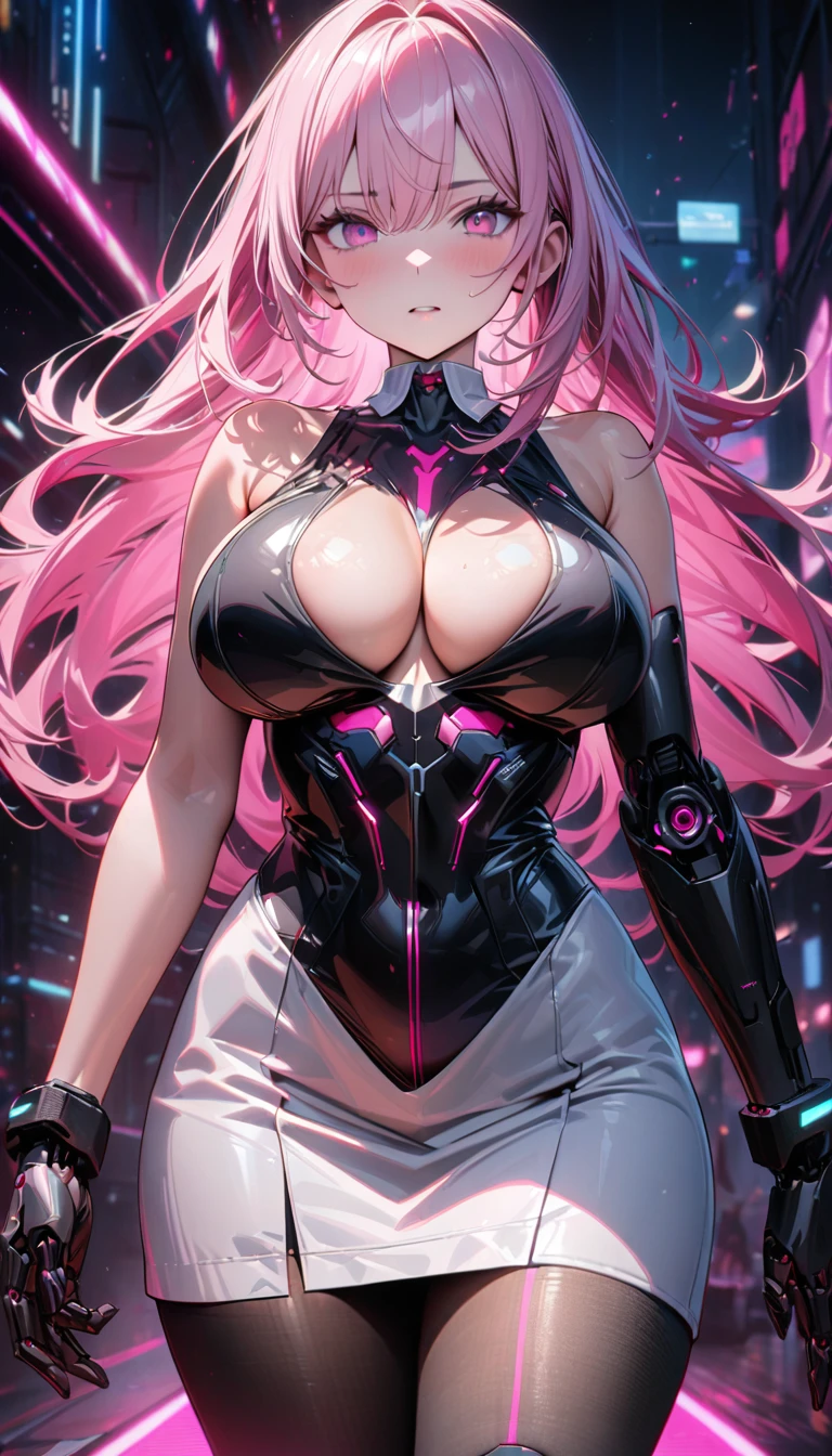 Narmaya stands in a futuristic cyberpunk city. She's wearing a revealing tight fitting white bodysuit that accentuates her large breasts and buttocks. She has numerous cybernetic enhancements attached to her body. A dismal cyberpunk landscape is slightly visible in the background behind her. The image is life-like and semi-realistic. Extreme detail has been put into the shading. Extensive detail has been put into making Narmaya the focal point and making her features clear and detailed. It's a masterpiece of cyberpunk art. (masterpiece), best quality, expressive eyes, perfect face, cybernetic enhancements, cybernetic augmentation, seductive, cyberpunk, 8k, absurdres, narmaya, pink hair, blue eye with pink pupil, hair over eye, draph, brown horns, butterfly hair clip,