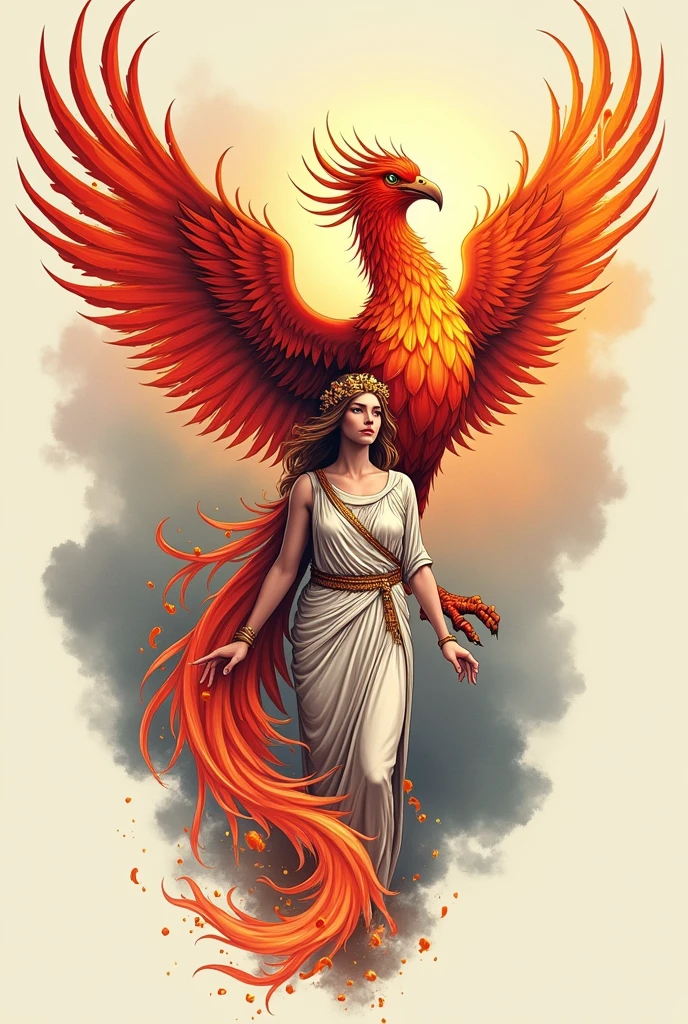 

Design Concept:

Phoenix:

Position: The Phoenix is prominently featured in mid-flight, with its wings spread wide.
Appearance: The Phoenix’s feathers should be depicted in fiery hues of red, orange, and gold, with dynamic movement showing it rising from ashes or flames. The focus is on the intricate details of the feathers and the powerful, upward motion of the bird.
Details: Include vibrant, glowing effects around the Phoenix to emphasize its rebirth and energy. The flames or embers should enhance the sense of ascent and transformation.
Nike:

Position: Nike is positioned separately from the Phoenix, perhaps beside or slightly above it.
Appearance: Nike is depicted in a graceful, triumphant pose, wearing flowing robes and a laurel wreath. Her stance should convey a sense of victory and achievement.
Details: Nike’s wings are not attached to her body but should be shown as an ethereal, separate element behind or near her. Her expression should reflect strength and determination, with subtle, intricate details in her clothing and accessories.
Background Elements:

For the Phoenix, the background could include a soft gradient or subtle flame effects to highlight its rise.
For Nike, consider a simple, elegant background that does not overpower her figure, possibly with minimal detailing like a soft halo or rays of light to enhance the sense of divine triumph.
Style and Details:

The Phoenix should be rendered with bold, vivid colors and dynamic lines to capture its fiery energy and movement.
Nike should be portrayed with detailed, flowing lines and a serene, victorious expression. Her separate wings should have a delicate, airy quality, adding to the ethereal nature of her presence.
The overall design should balance the intense energy of the Phoenix with the graceful, victorious aura of Nike, creating a cohesive and inspiring tattoo.