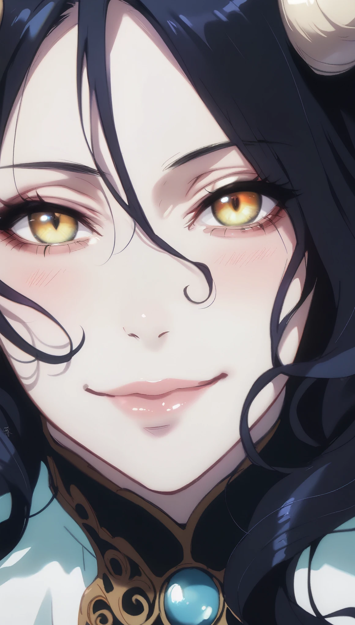 A demonic and seductive looking anime character, with black wings, long dark flowing hair, bright golden eyes, and curved horns like those of a ram. has pale skin, a mischievous smile and a playful and mysterious expression, holding a finger to his lips as if silencing someone. She wears a white dress with intricate detailing and gold accents, along with a blue gem on his chest. The scene is dramatically lit., with soft shadows that enhance her sharp features, as the background fades into darkness, adding an enigmatic and magical touch. The style is a mix of anime fantasy with intricate details, Capturing an intense portrait, close and dynamic