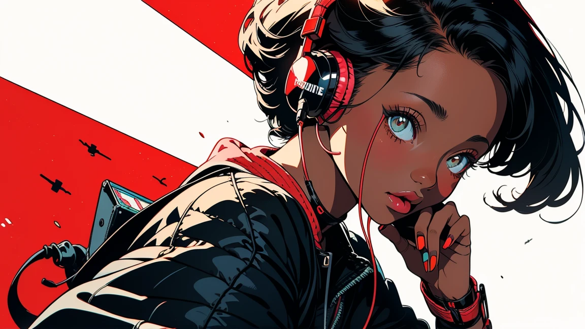 retro girl, headphones, Miami, sunset, Ferrari, palm tree, 90's, (flat colors, flat texture, lineart:1.2), graphical design, (heavy ink, ink blacks),