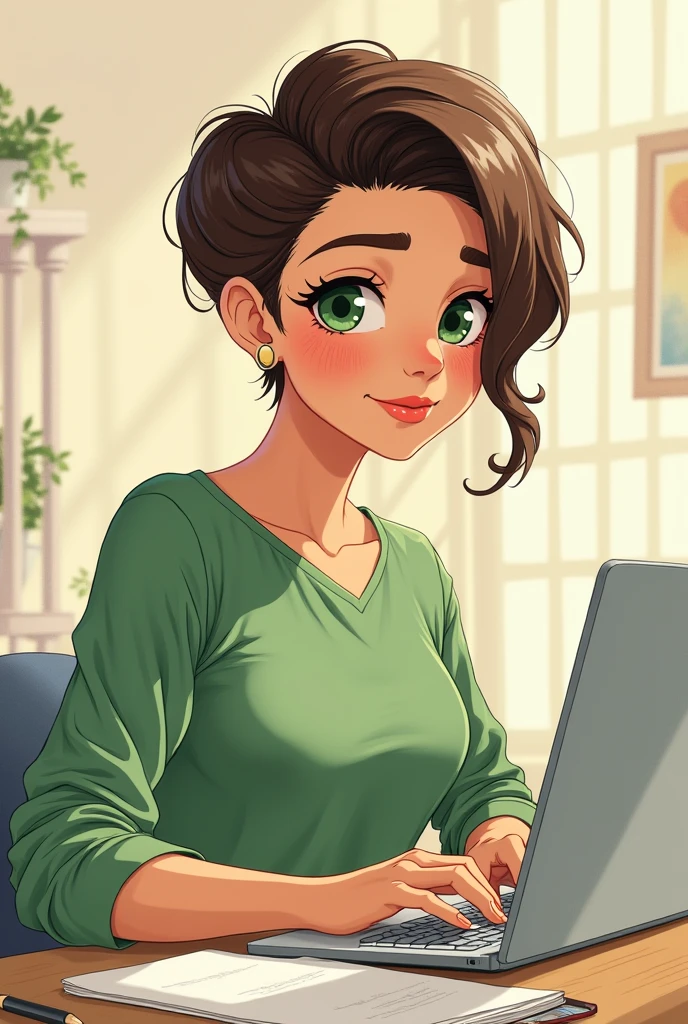 art mignon, art simple , femme, yeux vert, cheveux brun très court a la garçonne, un ordinateur sur un bureau, dessin
