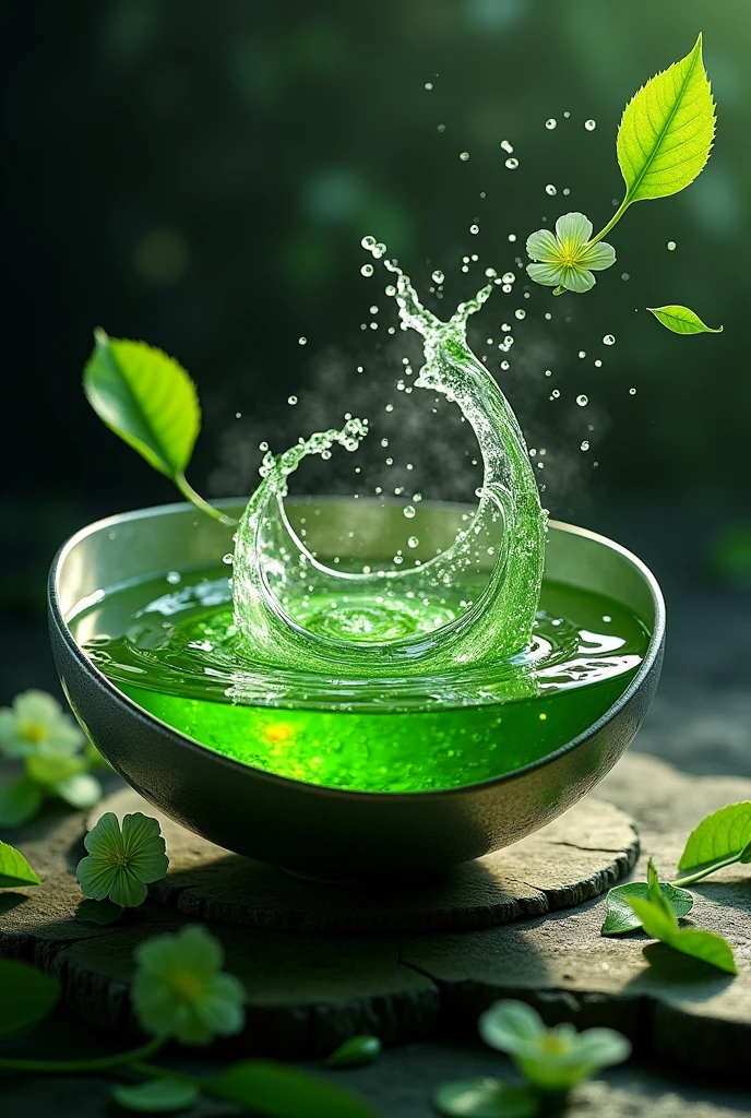 Product Design，Green tea seen from above，Silver edge bowl，Splashing green tea，Black background，Surrounded by leaves and flowers，Leaves flutter，water surfaceに壮大な渦，steampunk，Green Flower，Transparency，drop，Delicate swirl，water surface