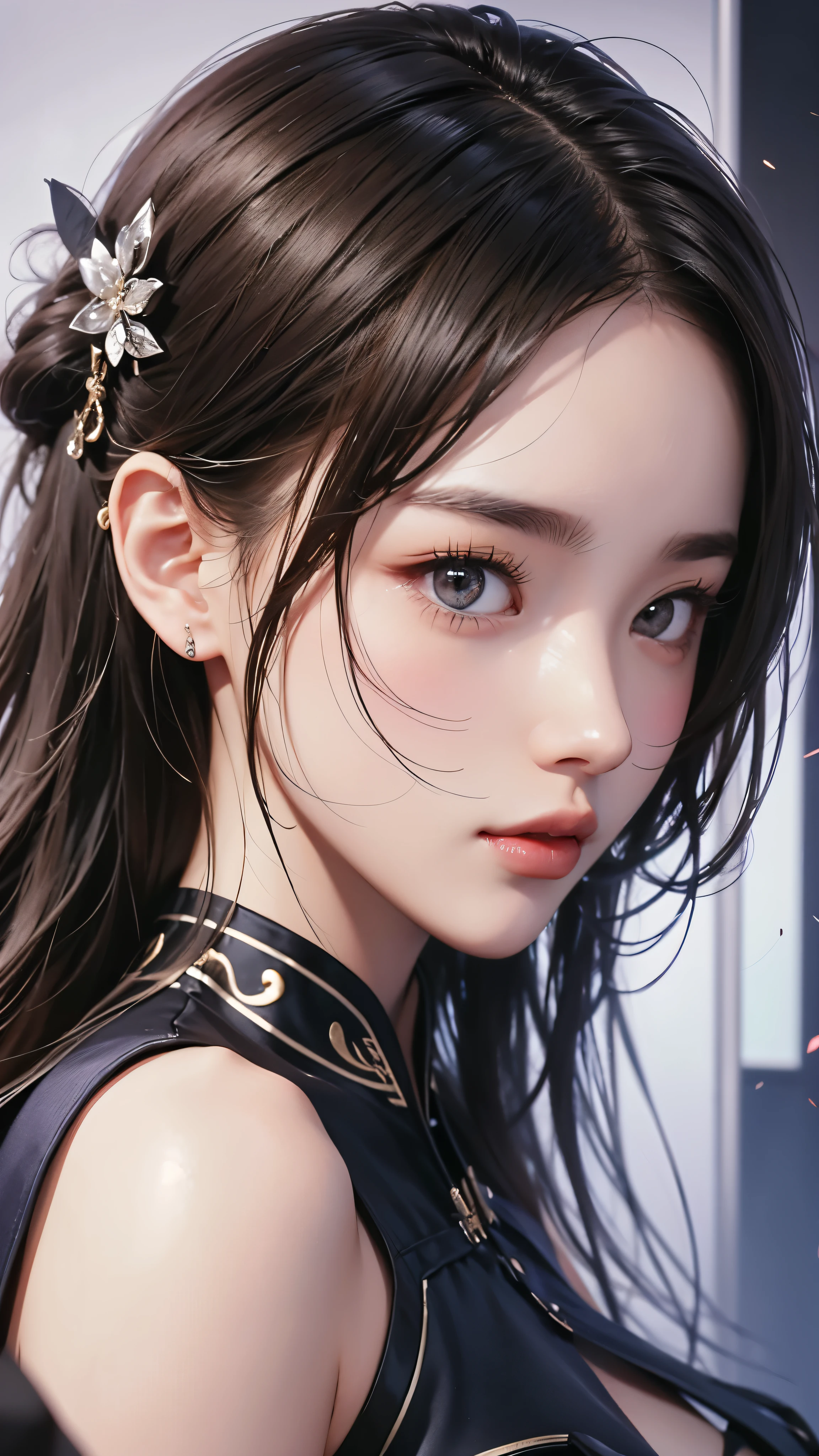 masterpiece, Highest quality, Very detailed, Facing the camera, Super detailed and complicated, Realistic, Sharp features, Very detailed, Sharp focus, Perfect Face, Perfect Face, Perfect symmetrical perfect eyes, Perfect Plump Lips, Flexible female form, cinematic, Film Light, Super detailed, hyper Realistic, masterpiece, Atmospheric, High resolution, Vibrant, Cheongsam Girl，Long Hair，Pure white background，Depth of written boundary，Low angle view，Calf Level View，Overclocked Renderer，Cinema Lighting，Ultra-fine，Very detailed，complicated，cinematic Perspective，CG Art，Side zipper