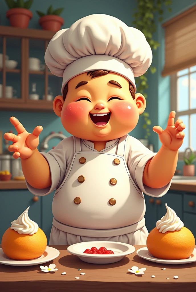 Un chef humain adulte qui ressemble a un chou a la crème. Le dessin doit être de style manga fantastique