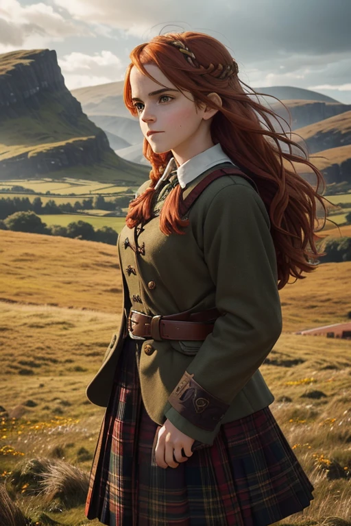 (Emma Watson), with flaming red hair in traditional plaits, standing amidst rolling green hills of the Scottish Highlands::8. She is adorned in a sophisticated tartan garment that subtly speaks of her proud Scottish heritage. A gentle breeze is playing through her skirts and locks, symbolizing the unbroken spirit of Scotland. The overcast Rob Roy-esque environment surrounds her with ancient menhirs standing tall in the distance::7. The majestic mountains looming in the backdrop have a smoky haze around them, reflecting the mysterious charm of these lands. The atmosphere is filled with raw emotions, echoing tales of battles won and lost, tales of undying love and profound sorrow::5. The mood can be best captured with a Hasselblad H6D-100c, using a wide aperture of f/2 to capture that dreamy look. The Rembrandt lighting will add depth to her chiseled features and the overall scene::6. She characterizes the undying spirit of Scotland, portraying resilience yet an eerie, ethereal beauty.