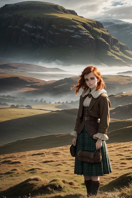(Emma Watson), with flaming red hair in traditional plaits, standing amidst rolling green hills of the Scottish Highlands::8. She is adorned in a sophisticated tartan garment that subtly speaks of her proud Scottish heritage. A gentle breeze is playing through her skirts and locks, symbolizing the unbroken spirit of Scotland. The overcast Rob Roy-esque environment surrounds her with ancient menhirs standing tall in the distance::7. The majestic mountains looming in the backdrop have a smoky haze around them, reflecting the mysterious charm of these lands. The atmosphere is filled with raw emotions, echoing tales of battles won and lost, tales of undying love and profound sorrow::5. The mood can be best captured with a Hasselblad H6D-100c, using a wide aperture of f/2 to capture that dreamy look. The Rembrandt lighting will add depth to her chiseled features and the overall scene::6. She characterizes the undying spirit of Scotland, portraying resilience yet an eerie, ethereal beauty.