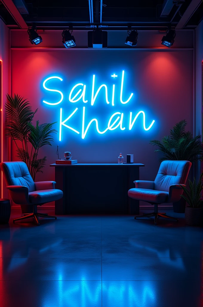create a youtube studio background with a modern and sleek design in the centre of background display the name sahil khanin bright neon light with correct spelling The neon light should be a vibrate colour such a electric blue and red Surround the neon text with subtle complementry lighting and decor that enhance the studio aesthetic .The overall ambiance should be stylish , professional,and inviting, peefect for a youtube content creator's studio