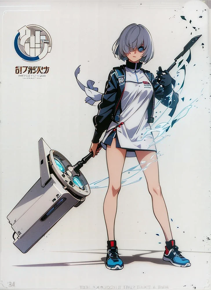1girl,white hair, hair over eye, hair over one eye, bowl cut, blue eyes, glowing eyes, android,