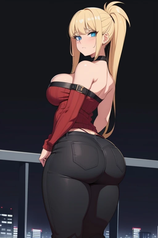 20 year old woman, busty, bubble butt, huge ass, round ass hourglass figure, skinny, blushing, panicked expression, horny, seductive, blonde hair, long hair, bangs, messy hair, wearing wearing sweater tube top, ribbed sweater, black jeans, choker, high heels, tight fitting clothing, cleavage, middrift, anime, city at night, outside, punk, punk style, punk hair, doujin style, manga, flat colours, 2d manga, strapless, bare arms, bare shoulders, ass focus