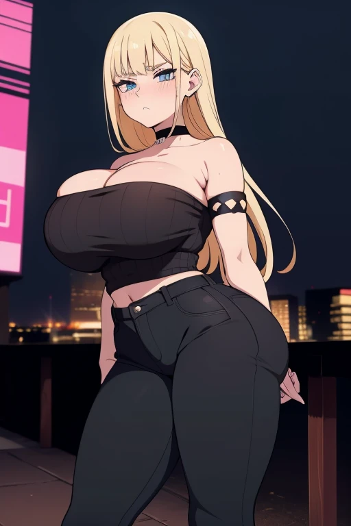 20 year old woman, busty, bubble butt, huge ass, round ass hourglass figure, skinny, blushing, panicked expression, horny, seductive, blonde hair, long hair, bangs, messy hair, wearing wearing sweater tube top, ribbed sweater, black jeans, choker, high heels, tight fitting clothing, cleavage, middrift, anime, city at night, outside, punk, punk style, punk hair, doujin style, manga, flat colours, 2d manga, strapless, bare arms, bare shoulders, ass focus