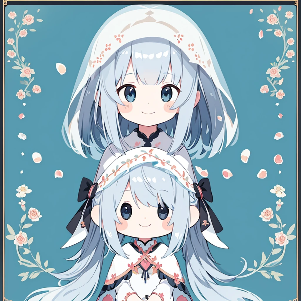 Transparent watercolor、girl、Gemstone Eyes、Beautiful arrangements and motifs、Depth of written border、smile、Flat avatar, 1girl, Bowing、Silver Hair((Medium Hair、Straight Hair)), White tips, Fashionable design clothes、Background white、Rose petals, Cute girl, Modest clothing, Black tights