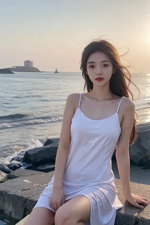 1 Girl,seaside,Soft Light,Chinese Beauty,Slip nightdress