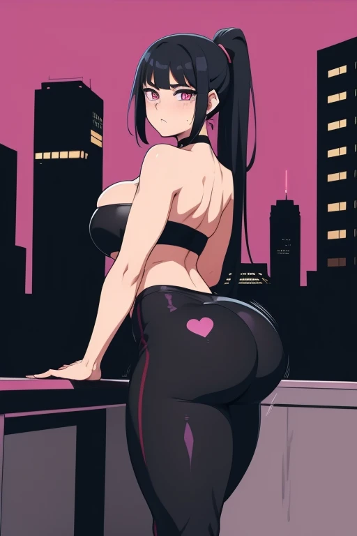 20 year old woman, busty, bubble butt, huge ass, round ass hourglass figure, skinny, blushing, panicked expression, horny, seductive, black hair, long hair, bangs, ponytail hair, wearing wearing tight pink sports bra, black yoga pants, choker, high heels, tight fitting clothing, cleavage, middrift, anime, city at night, outside, punk, punk style, punk hair, doujin style, manga, flat colours, 2d manga, strapless, bare arms, bare shoulders, ass focus