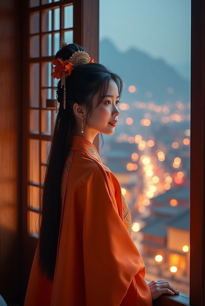 A beautiful young woman with a sweet face and a beautiful smile, wearing an orange dress that covered her face, full-dressed like a Han Fu Dynasty official, stood by the window in a high-floor room, looking at the night view of the capital city in the inn. The atmosphere of the light from the lamps in the houses, the atmosphere of the capital city that was decorated with luxurious patterns according to the era of the great dynasty.