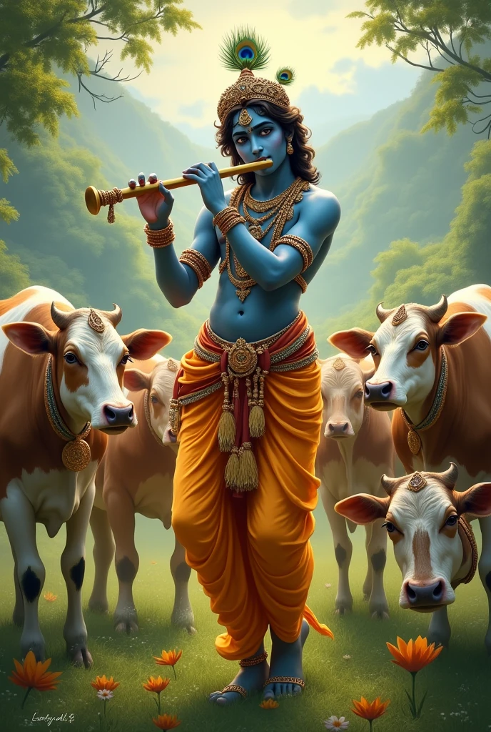 Cute God Krishna playing flute around beautiful cows near a river with their friend