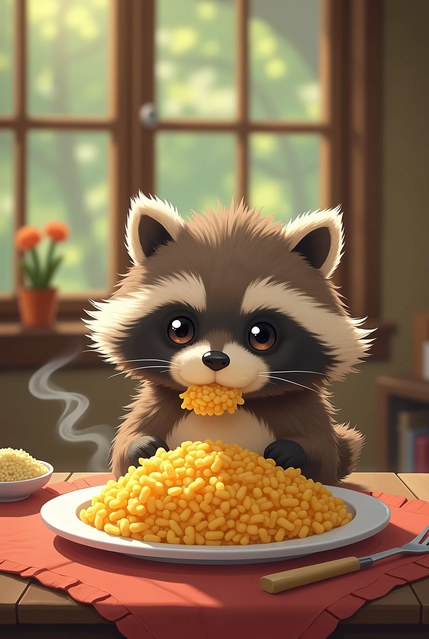 Eat omelet rice、A cute, fluffy raccoon character resembling a Ghibli character。