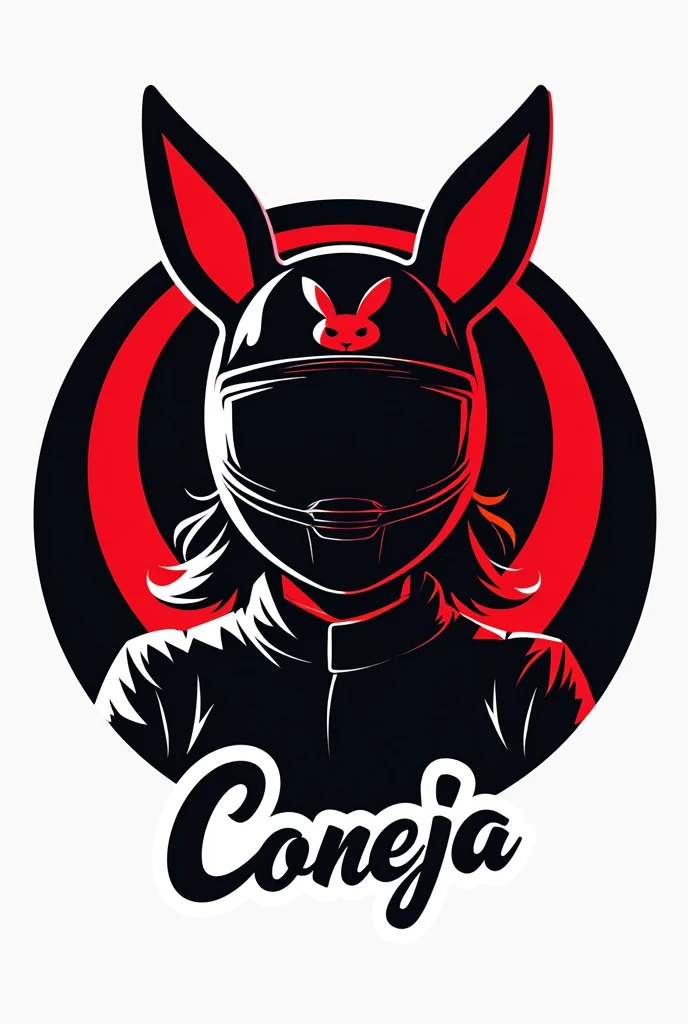 Create a logo that shows a bunny helmet, that girl is a motorcycle racer but her face cannot be seen, that it is a shadow of black and red but the achievement is that the image is round and the letter name in the image is called kitty, I don&#39;t want kitty, call it kitty in Spanish