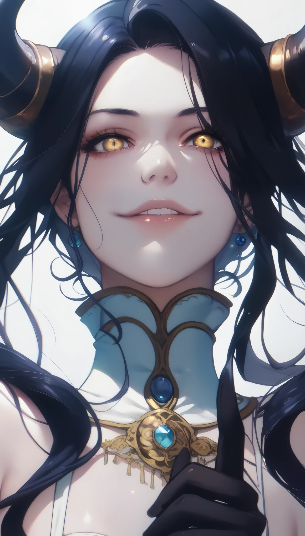 A demonic and seductive looking anime character, with black wings, long dark flowing hair, bright golden eyes, and curved horns like those of a ram. has pale skin, a mischievous smile and a playful and mysterious expression, holding a finger to his lips as if silencing someone. She wears a white dress with intricate detailing and gold accents, along with a blue gem on his chest. The scene is dramatically lit., with soft shadows that enhance her sharp features, as the background fades into darkness, adding an enigmatic and magical touch. The style is a mix of anime fantasy with intricate details, Capturing an intense portrait, close and dynamic