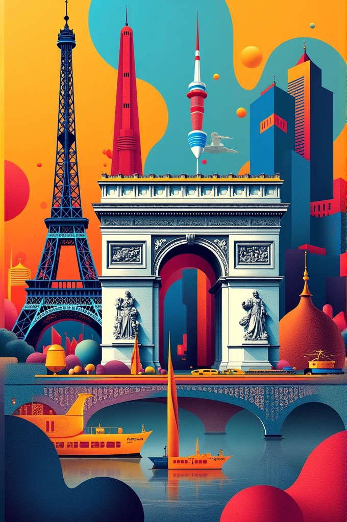 Make a cover for a magazine that is about the architecture of the Paris 2024 Olympic Games, that has all the emblematic monuments and structures that were used for said event, that is colorful and original,
